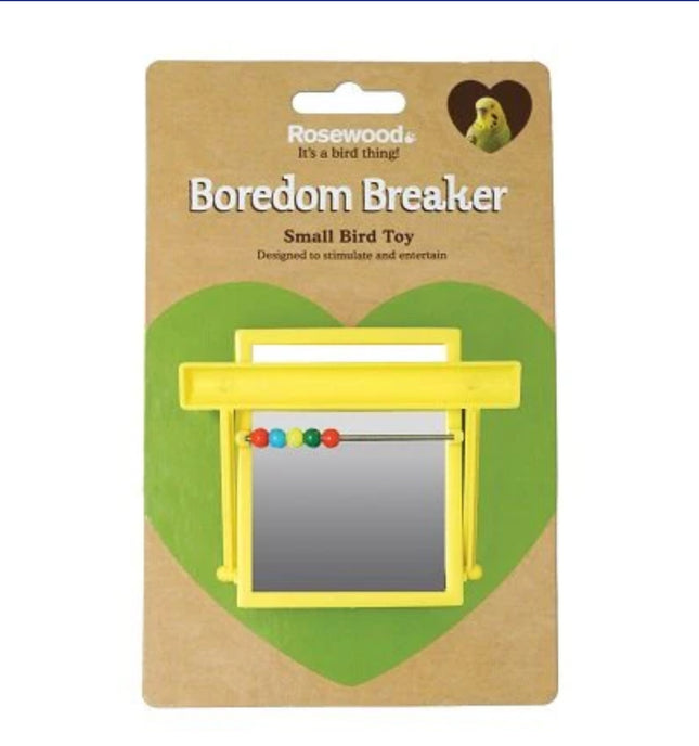 Toy bird mirror with perch and beads